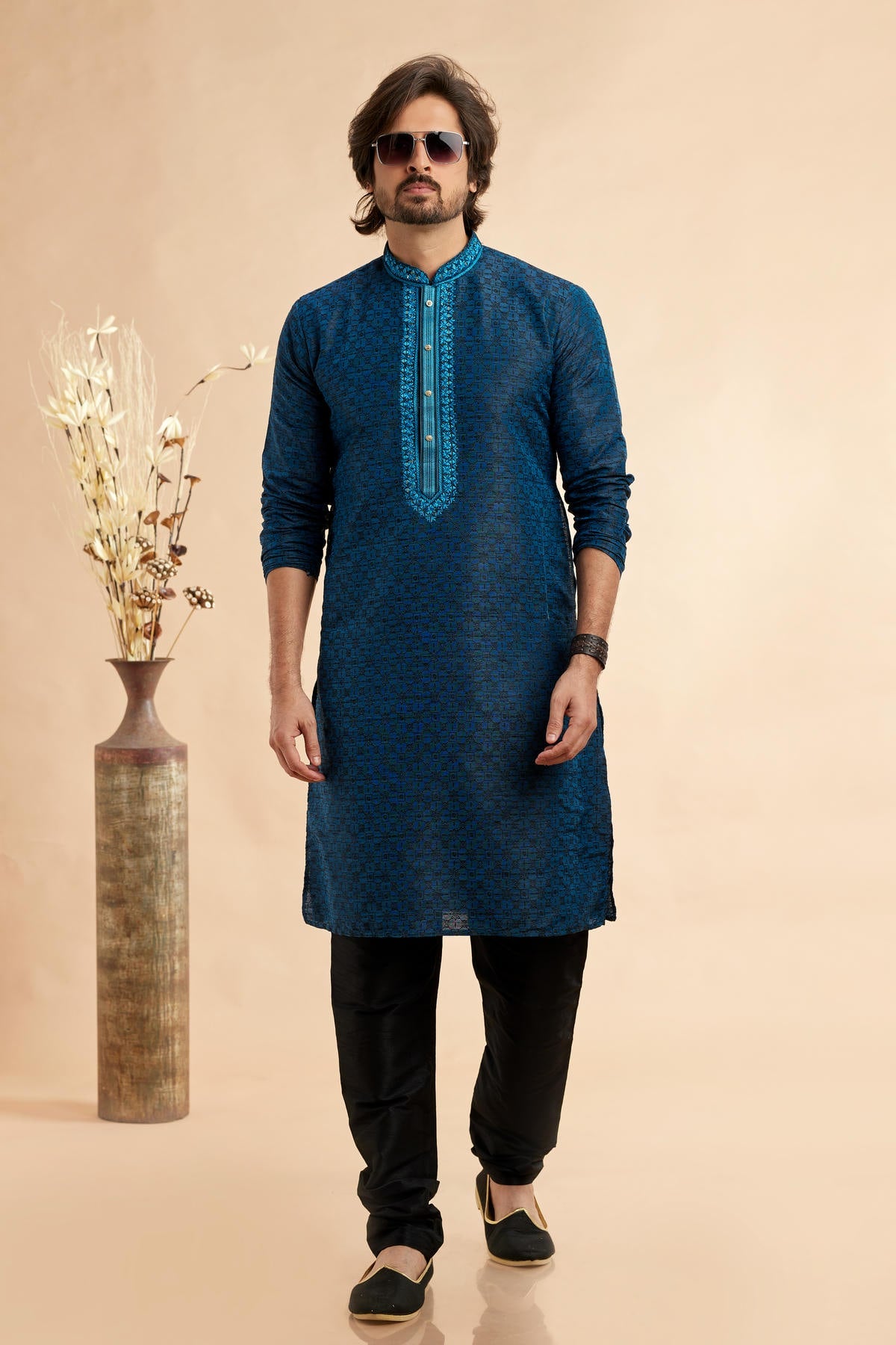 Jacquard Art Silk Embroidery Kurta Pajama In Navy Blue Colour KP1230511 1