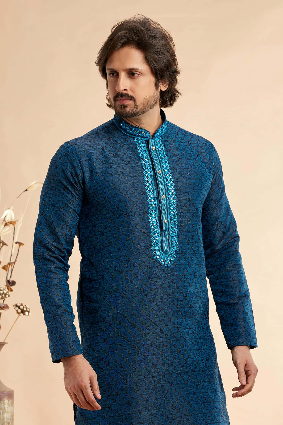 Jacquard Art Silk Embroidery Kurta Pajama In Navy Blue Colour KP1230511 2