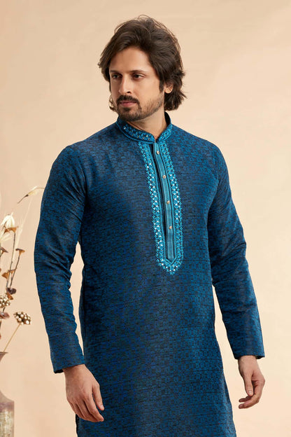 Jacquard Art Silk Embroidery Kurta Pajama In Navy Blue Colour KP1230511 2