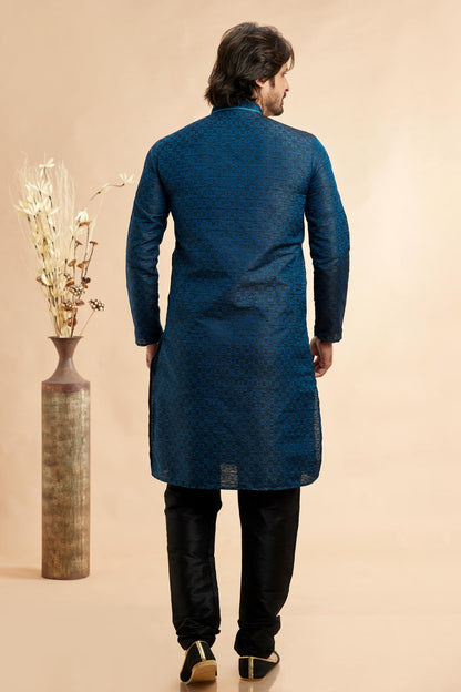 Jacquard Art Silk Embroidery Kurta Pajama In Navy Blue Colour KP1230511 3
