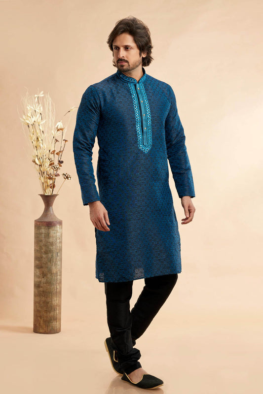 Jacquard Art Silk Embroidery Kurta Pajama In Navy Blue Colour KP1230511