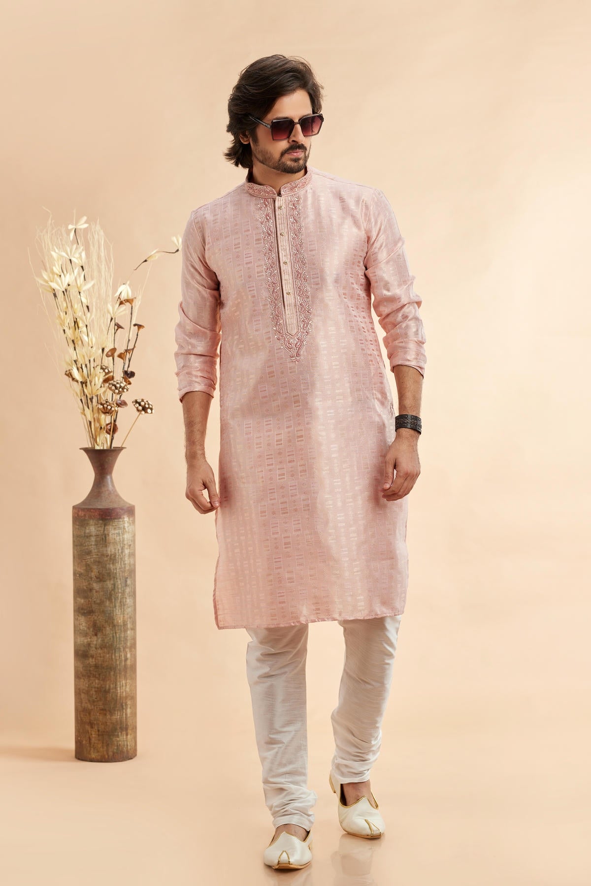 Jacquard Art Silk Embroidery Kurta Pajama In Peach Colour KP1230502 1