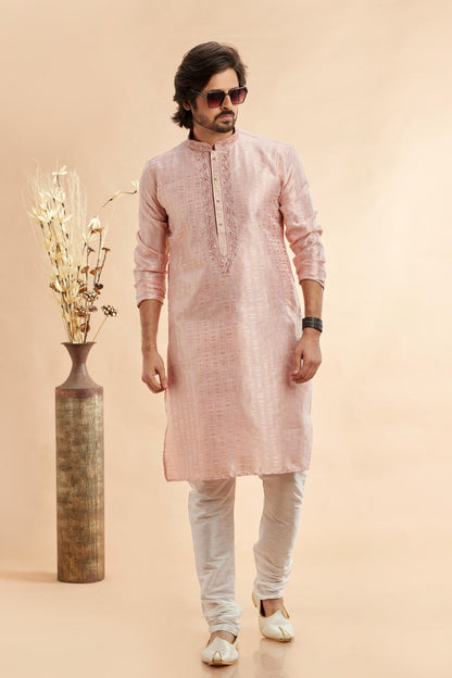 Jacquard Art Silk Embroidery Kurta Pajama In Peach Colour KP1230502 1