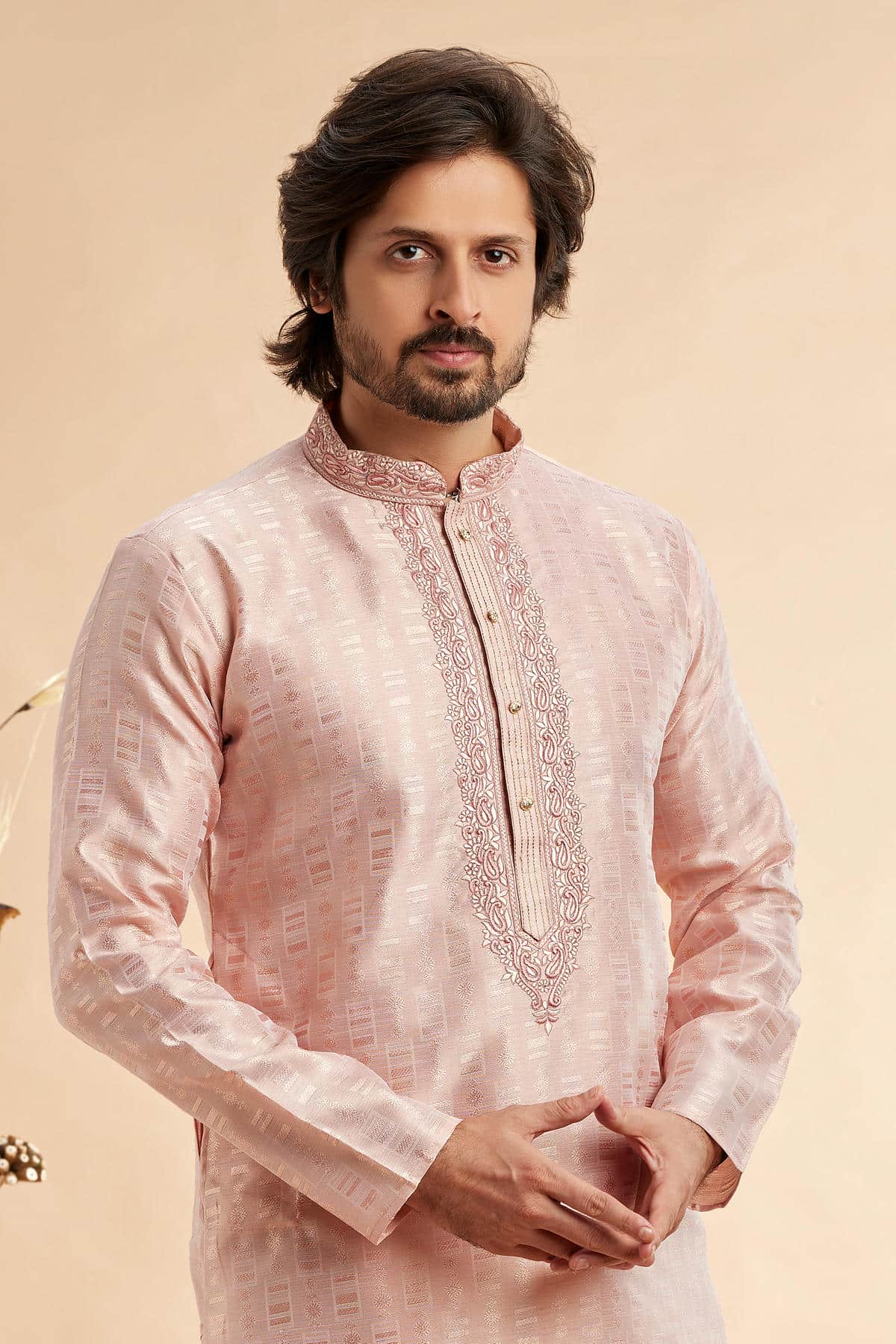 Jacquard Art Silk Embroidery Kurta Pajama In Peach Colour KP1230502 2