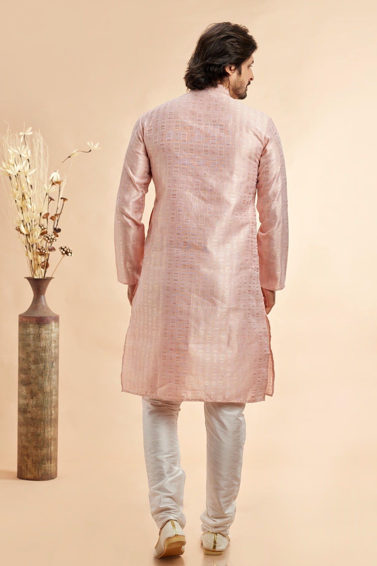 Jacquard Art Silk Embroidery Kurta Pajama In Peach Colour KP1230502 3