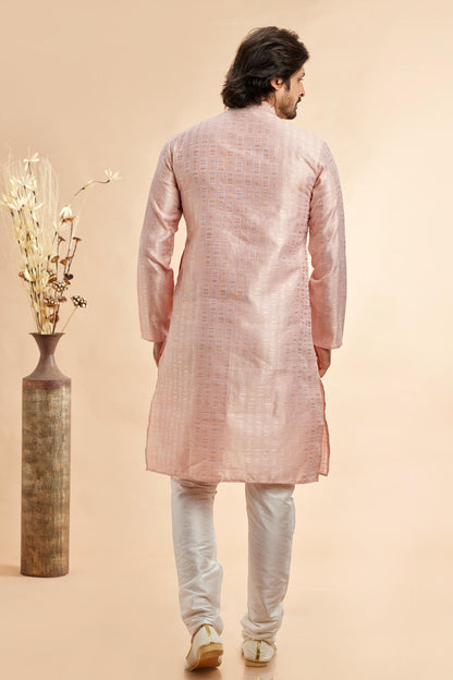 Jacquard Art Silk Embroidery Kurta Pajama In Peach Colour KP1230502 3
