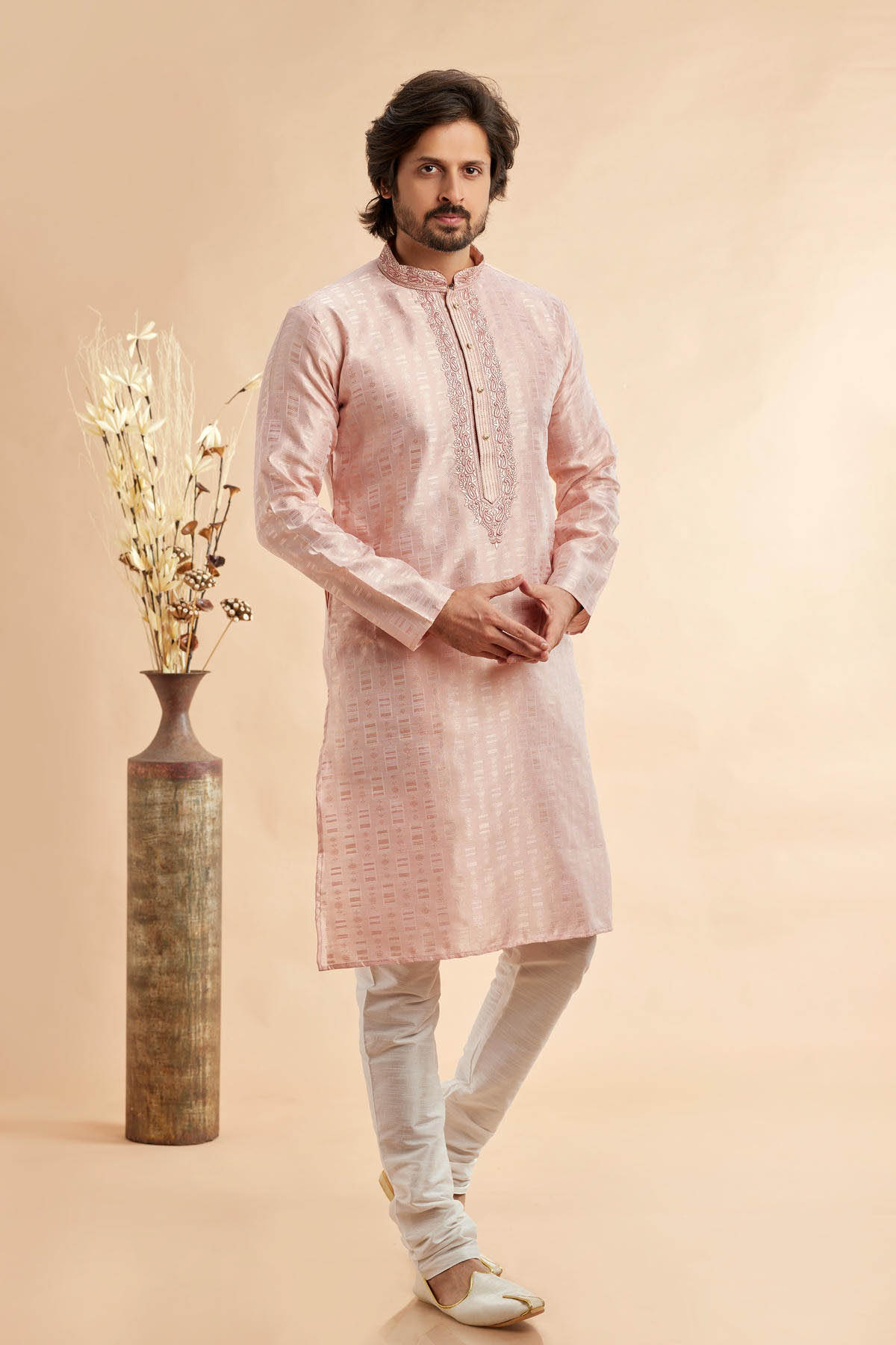 Jacquard Art Silk Embroidery Kurta Pajama In Peach Colour KP1230502