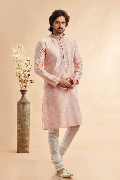 Jacquard Art Silk Embroidery Kurta Pajama In Peach Colour KP1230502