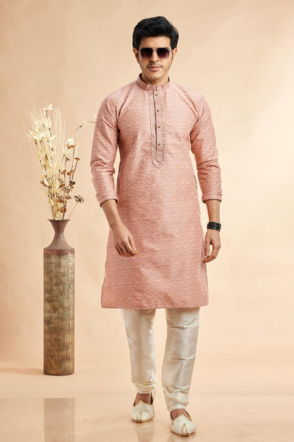 Jacquard Art Silk Embroidery Kurta Pajama In Peach Colour KP1230509 1