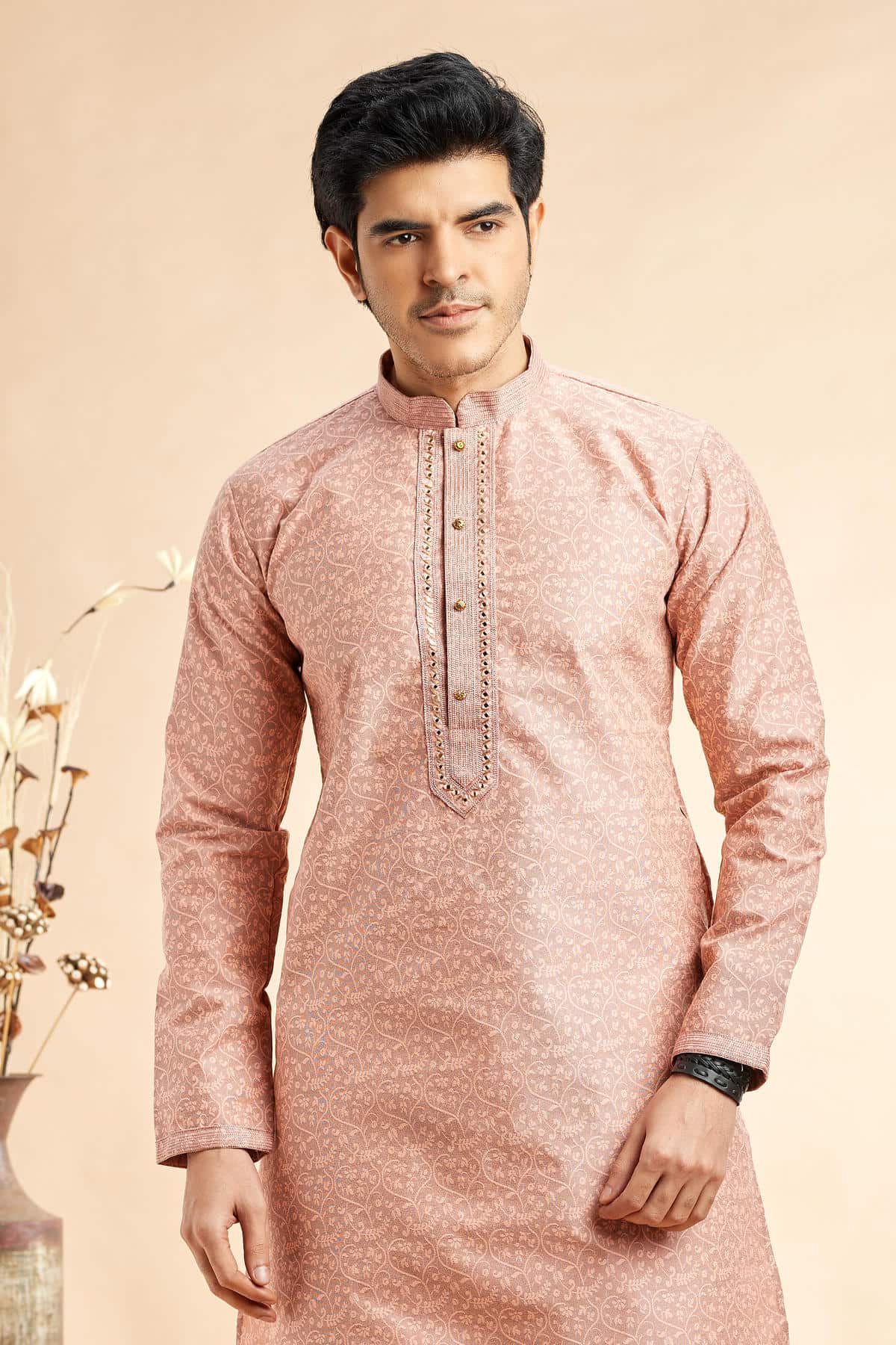 Jacquard Art Silk Embroidery Kurta Pajama In Peach Colour KP1230509 2