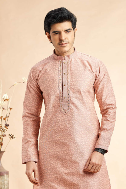 Jacquard Art Silk Embroidery Kurta Pajama In Peach Colour KP1230509 2