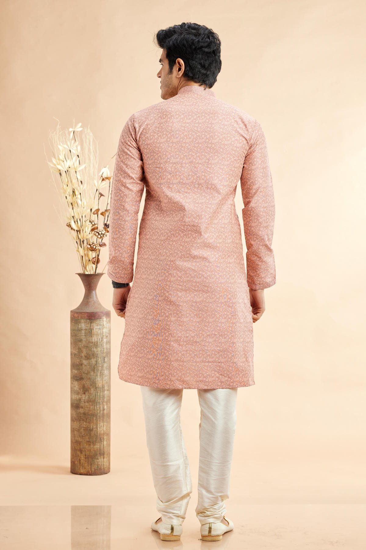 Jacquard Art Silk Embroidery Kurta Pajama In Peach Colour KP1230509 3