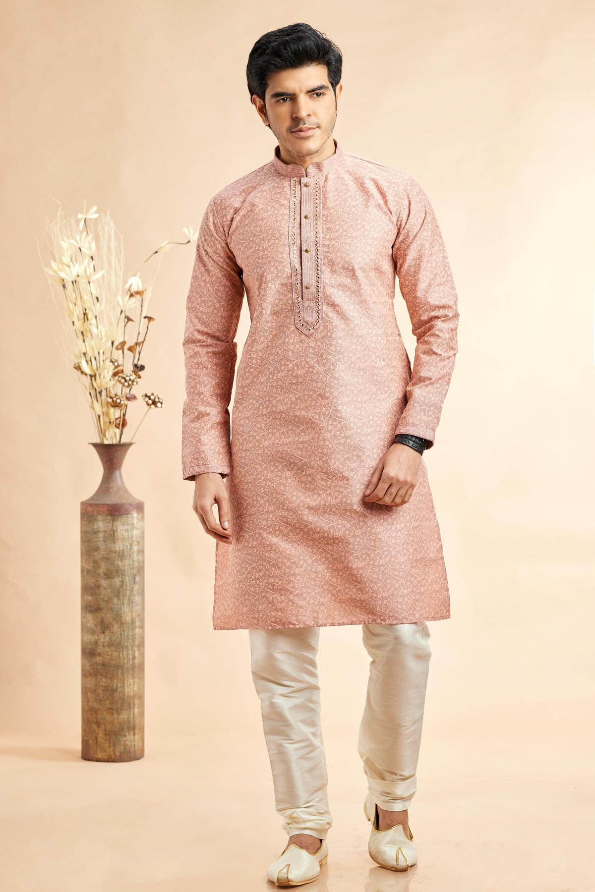 Jacquard Art Silk Embroidery Kurta Pajama In Peach Colour KP1230509