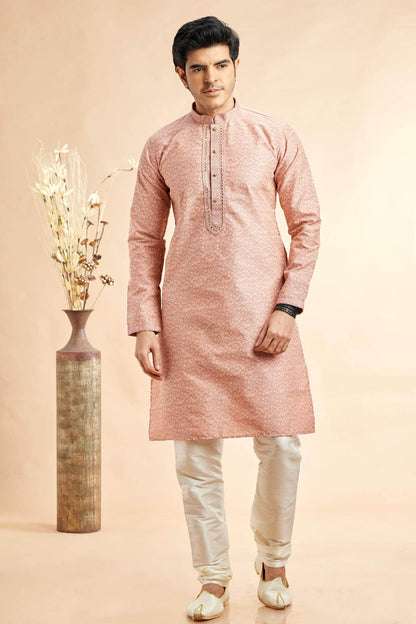 Jacquard Art Silk Embroidery Kurta Pajama In Peach Colour KP1230509
