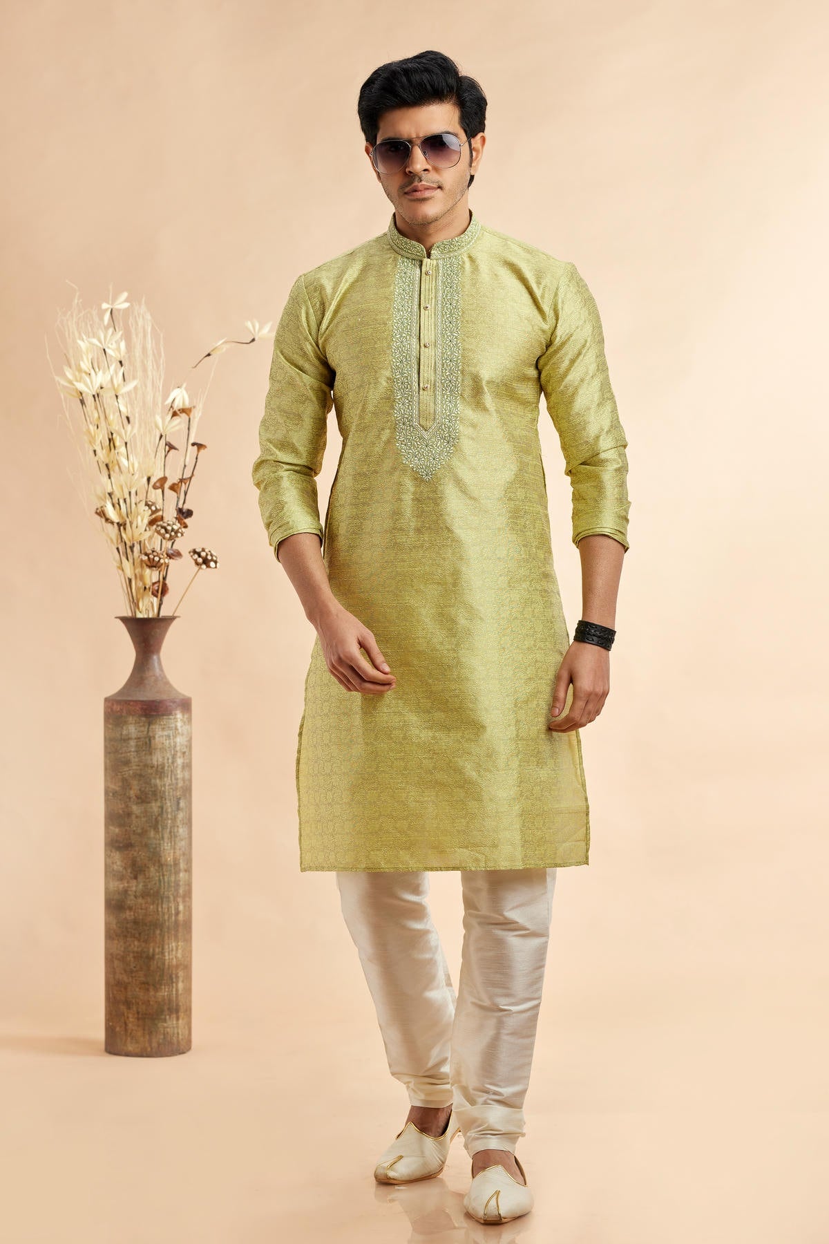 Jacquard Art Silk Embroidery Kurta Pajama In Pista Green Colour KP1230504 1