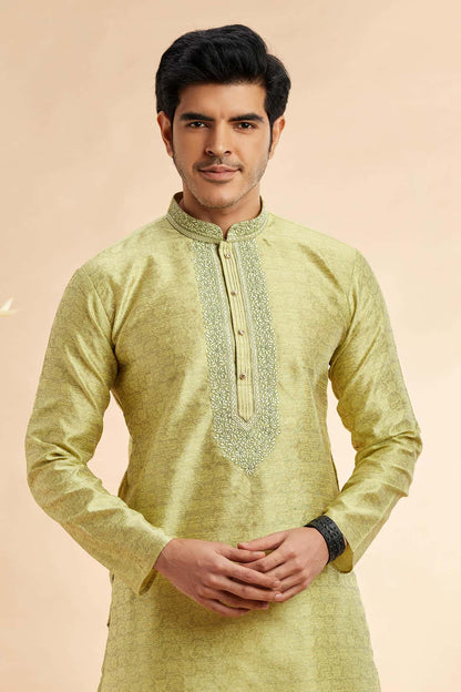 Jacquard Art Silk Embroidery Kurta Pajama In Pista Green Colour KP1230504 2