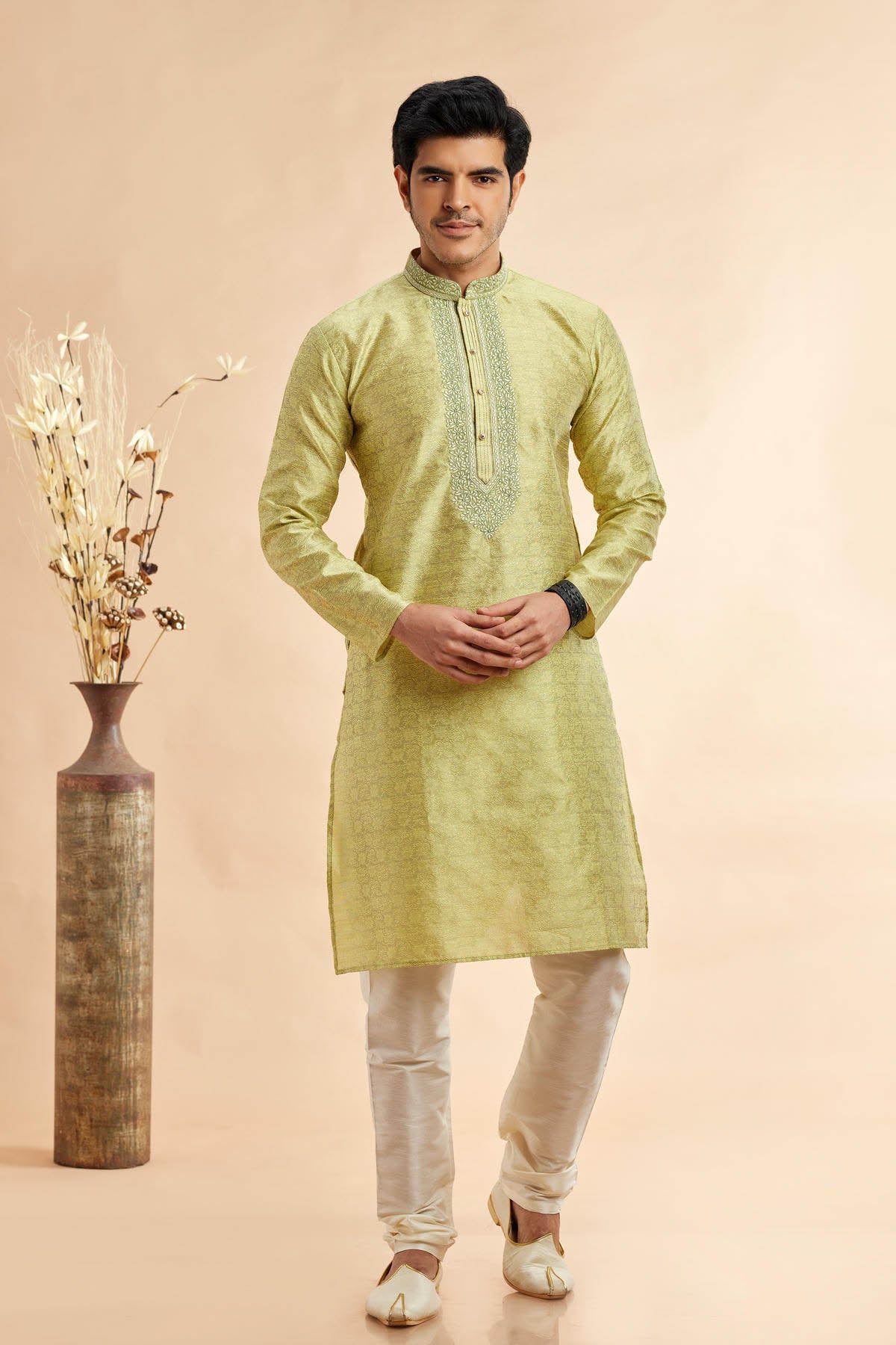Jacquard Art Silk Embroidery Kurta Pajama In Pista Green Colour KP1230504