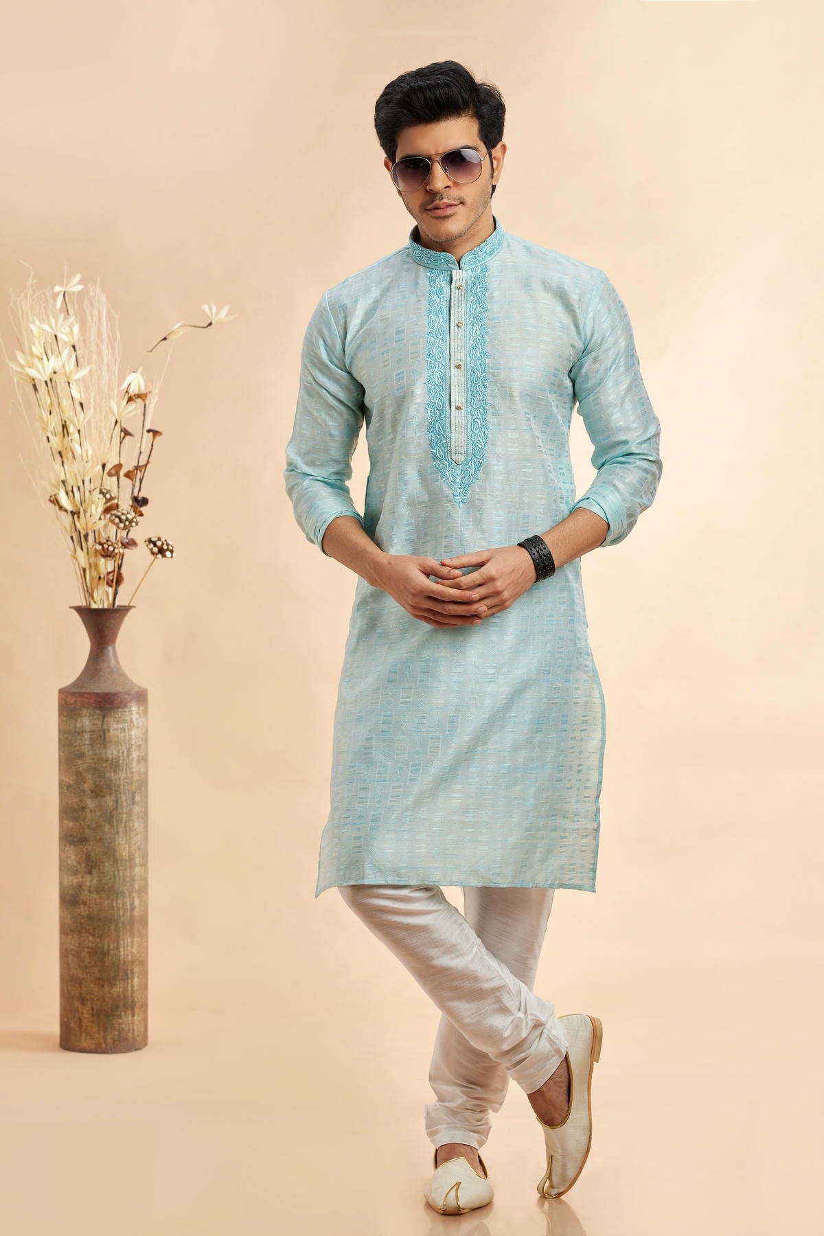 Jacquard Art Silk Embroidery Kurta Pajama In Sky Blue Colour KP1230501 1