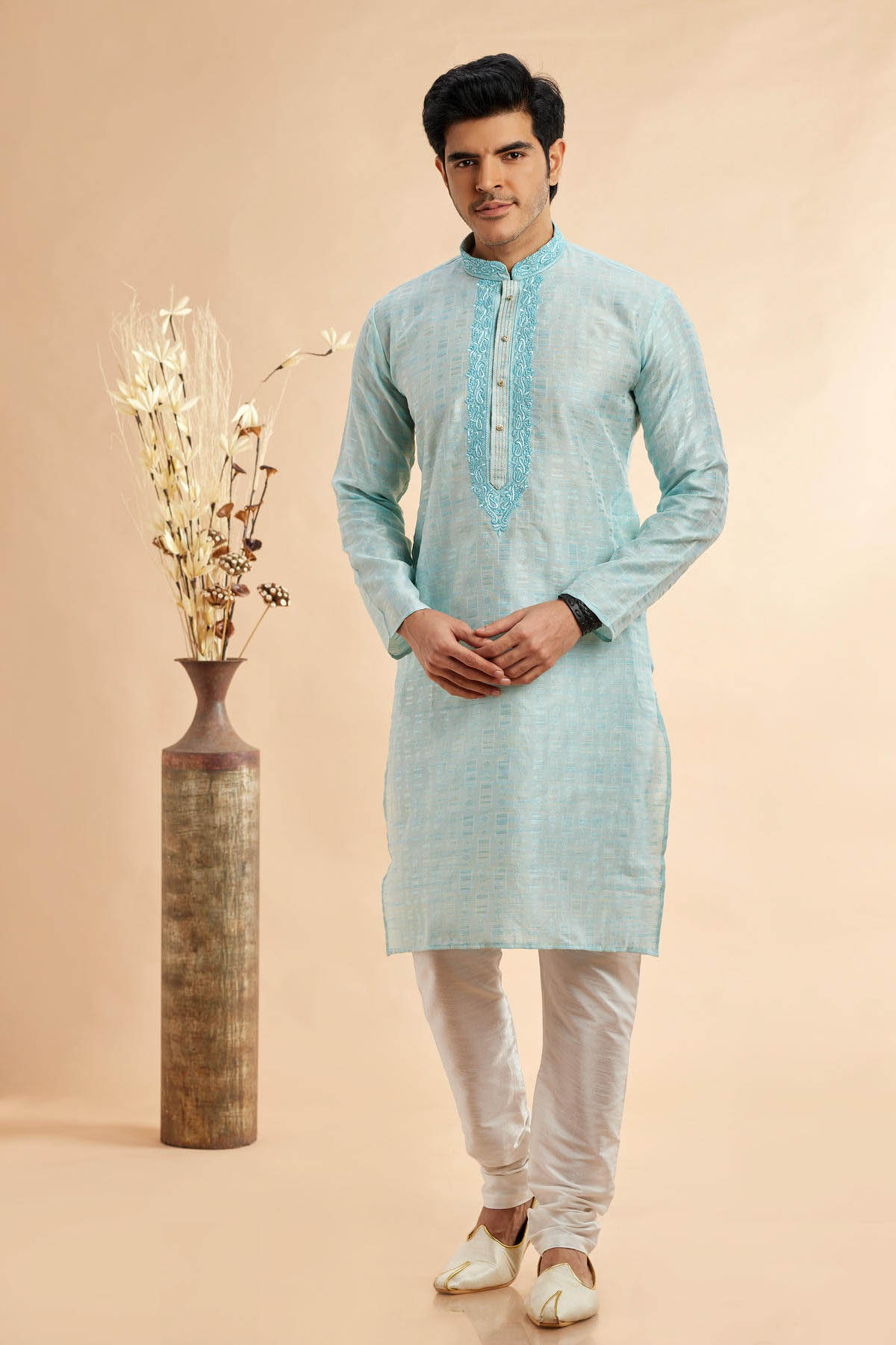 Jacquard Art Silk Embroidery Kurta Pajama In Sky Blue Colour KP1230501