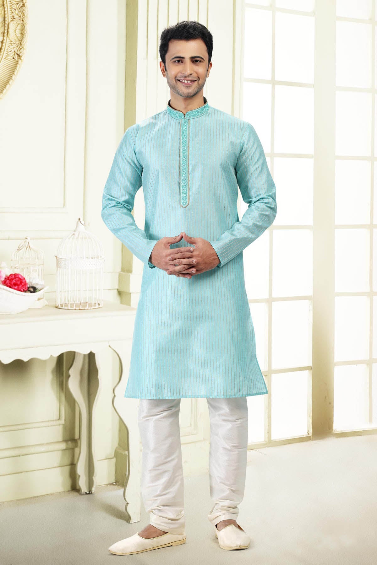 Jacquard Art Silk Kurta Pajama In Cream colour KP1230365 A