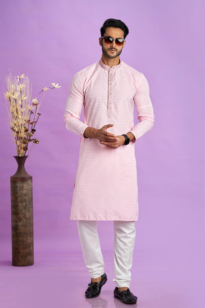 Jacquard Art Soft Silk Pintux Work Kurta Pajama In Baby Pink Colour KP1230488 1
