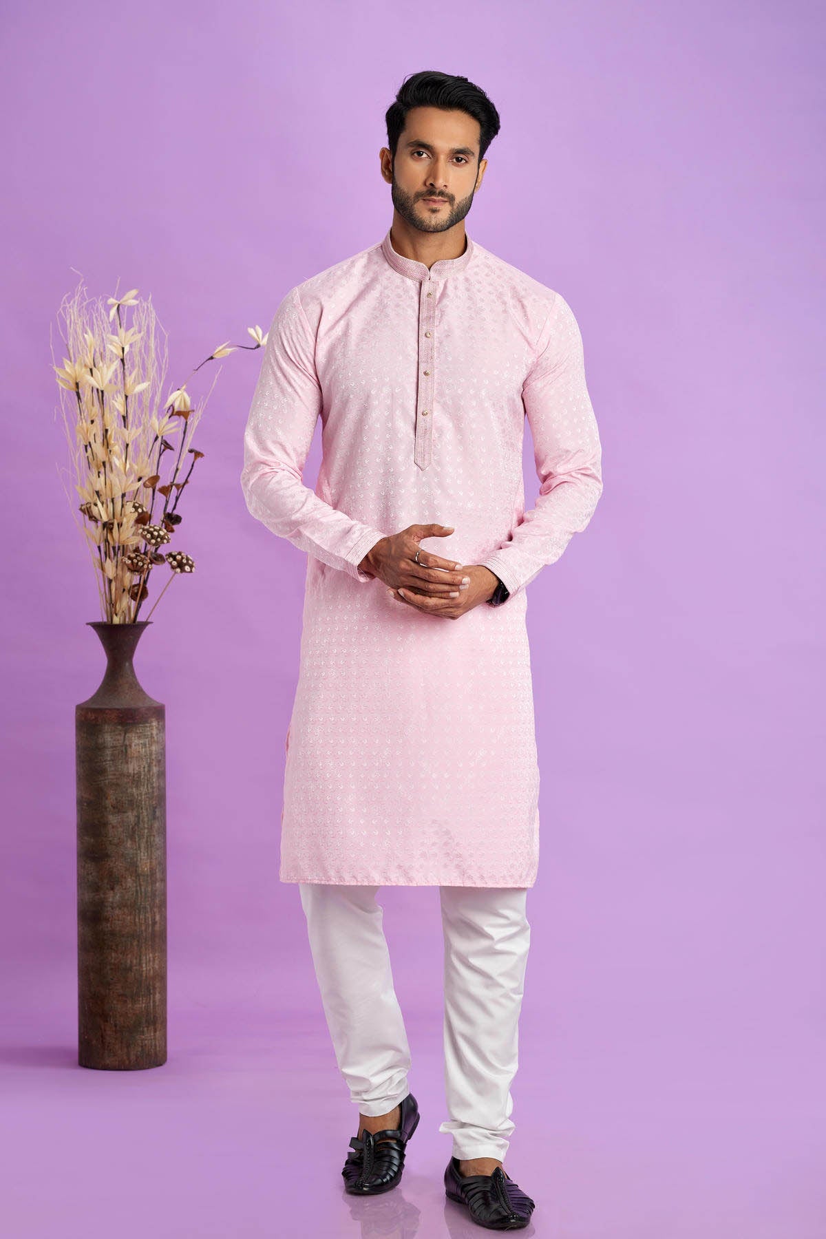 Jacquard Art Soft Silk Pintux Work Kurta Pajama In Baby Pink Colour KP1230488