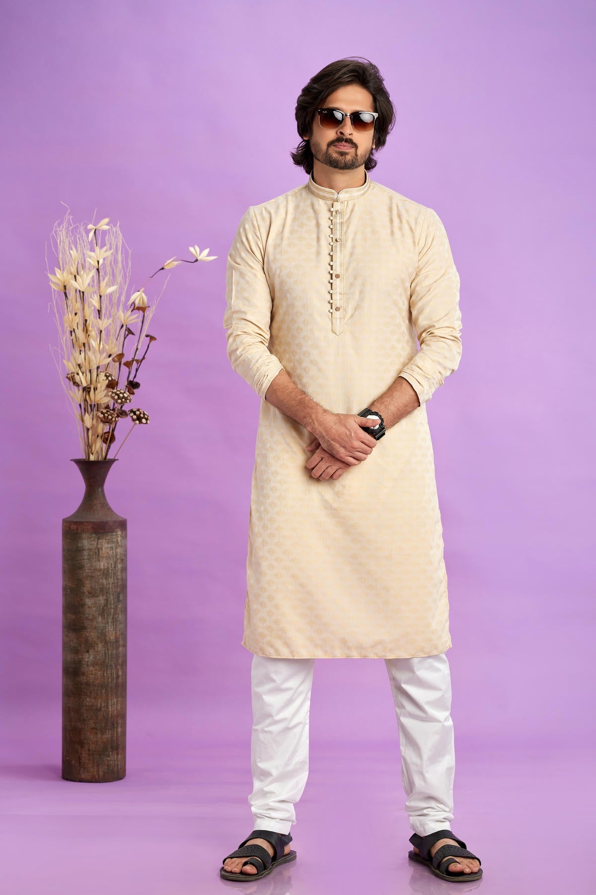Jacquard Art Soft Silk Pintux Work Kurta Pajama In Beige Colour KP1230491 1