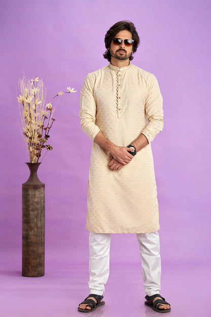 Jacquard Art Soft Silk Pintux Work Kurta Pajama In Beige Colour KP1230491 1