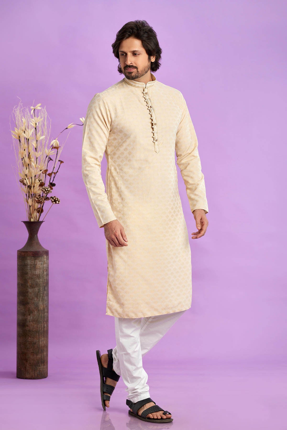 Jacquard Art Soft Silk Pintux Work Kurta Pajama In Beige Colour KP1230491