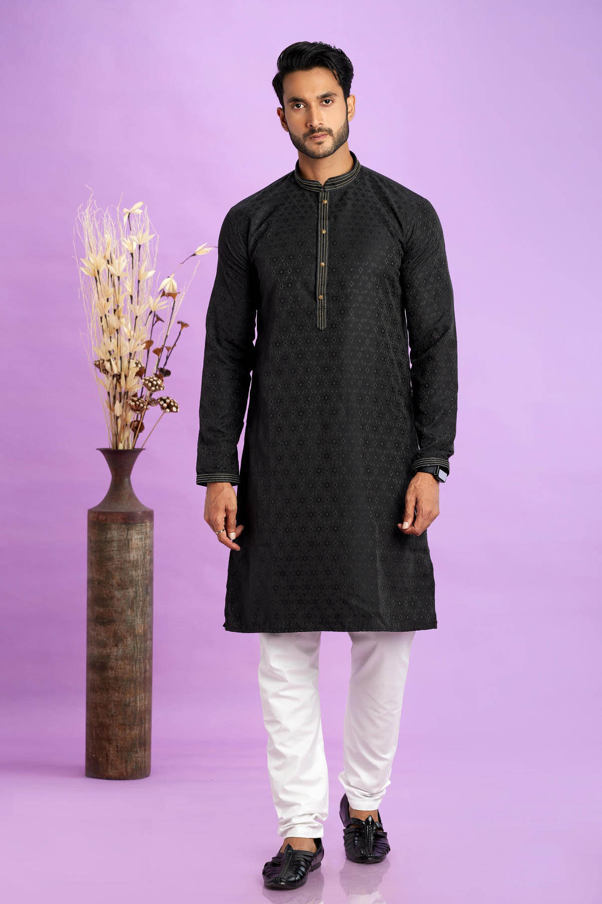 Jacquard Art Soft Silk Pintux Work Kurta Pajama In Black Colour KP1230498