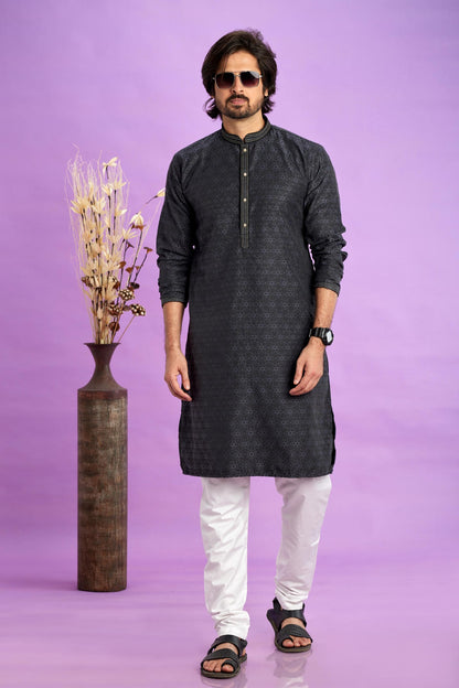 Jacquard Art Soft Silk Pintux Work Kurta Pajama In Grey Black Colour KP1230495 1