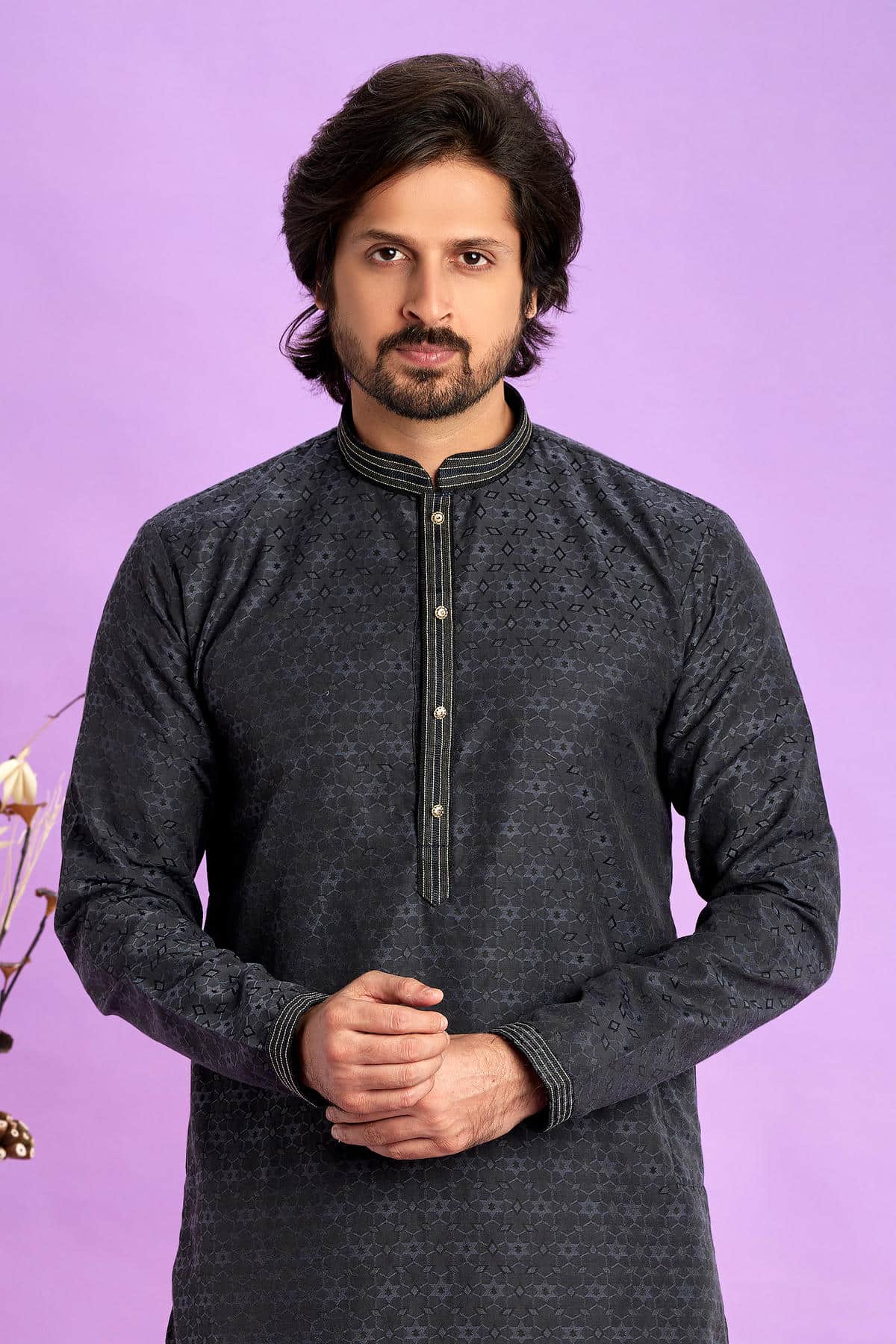 Jacquard Art Soft Silk Pintux Work Kurta Pajama In Grey Black Colour KP1230495 2