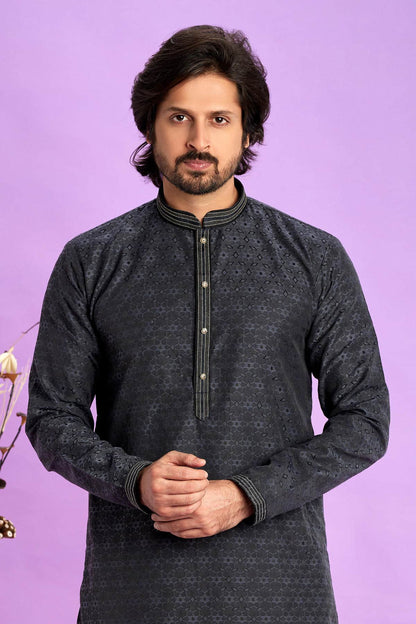 Jacquard Art Soft Silk Pintux Work Kurta Pajama In Grey Black Colour KP1230495 2