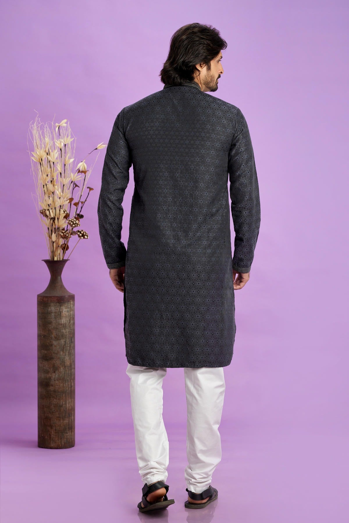Jacquard Art Soft Silk Pintux Work Kurta Pajama In Grey Black Colour KP1230495 3