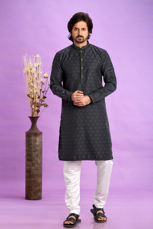 Jacquard Art Soft Silk Pintux Work Kurta Pajama In Grey Black Colour KP1230495