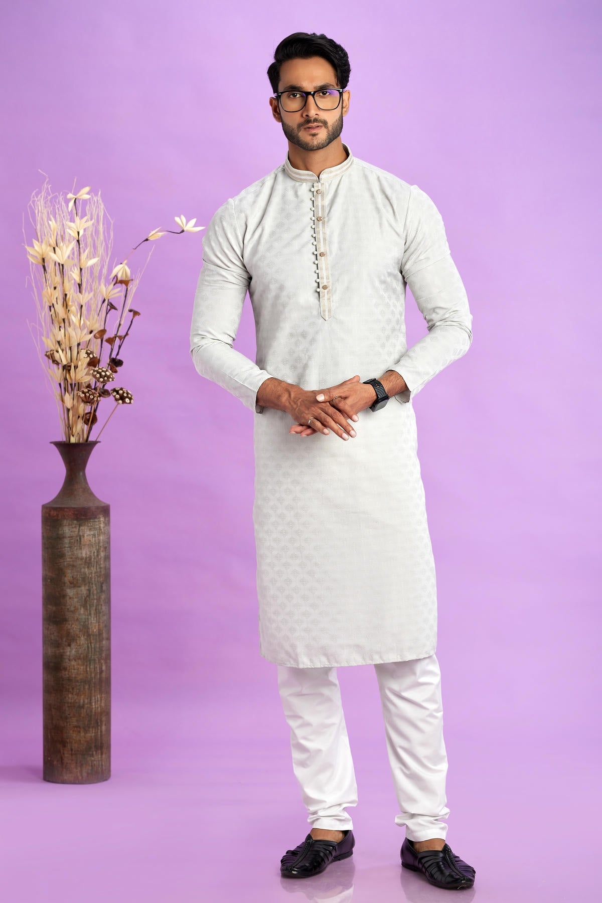 Jacquard Art Soft Silk Pintux Work Kurta Pajama In Light Grey Colour KP1230492 1