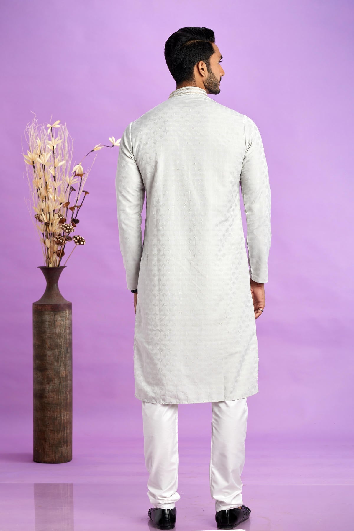 Jacquard Art Soft Silk Pintux Work Kurta Pajama In Light Grey Colour KP1230492 3