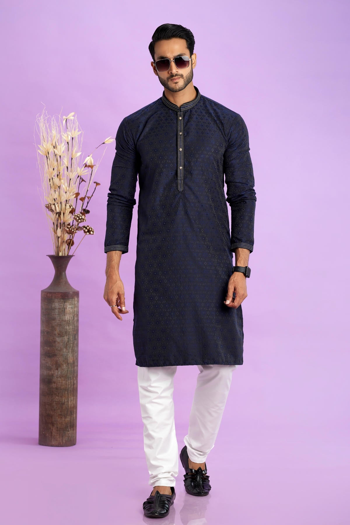 Jacquard Art Soft Silk Pintux Work Kurta Pajama In Navy Blue Colour KP1230497 1
