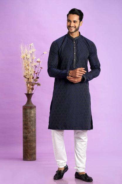 Jacquard Art Soft Silk Pintux Work Kurta Pajama In Navy Blue Colour KP1230497