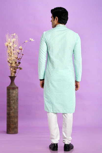 Jacquard Art Soft Silk Pintux Work Kurta Pajama In Sea Green Colour KP1230493 3