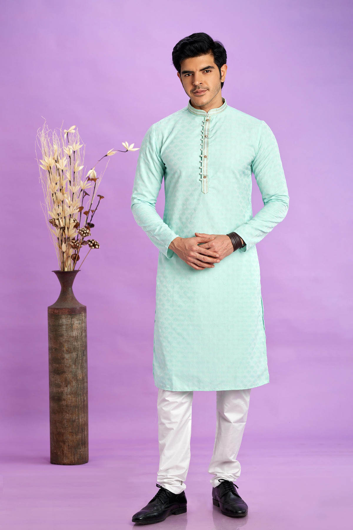 Jacquard Art Soft Silk Pintux Work Kurta Pajama In Sea Green Colour KP1230493