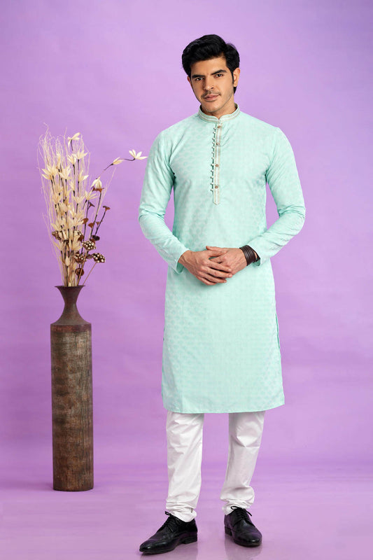 Jacquard Art Soft Silk Pintux Work Kurta Pajama In Sea Green Colour KP1230493