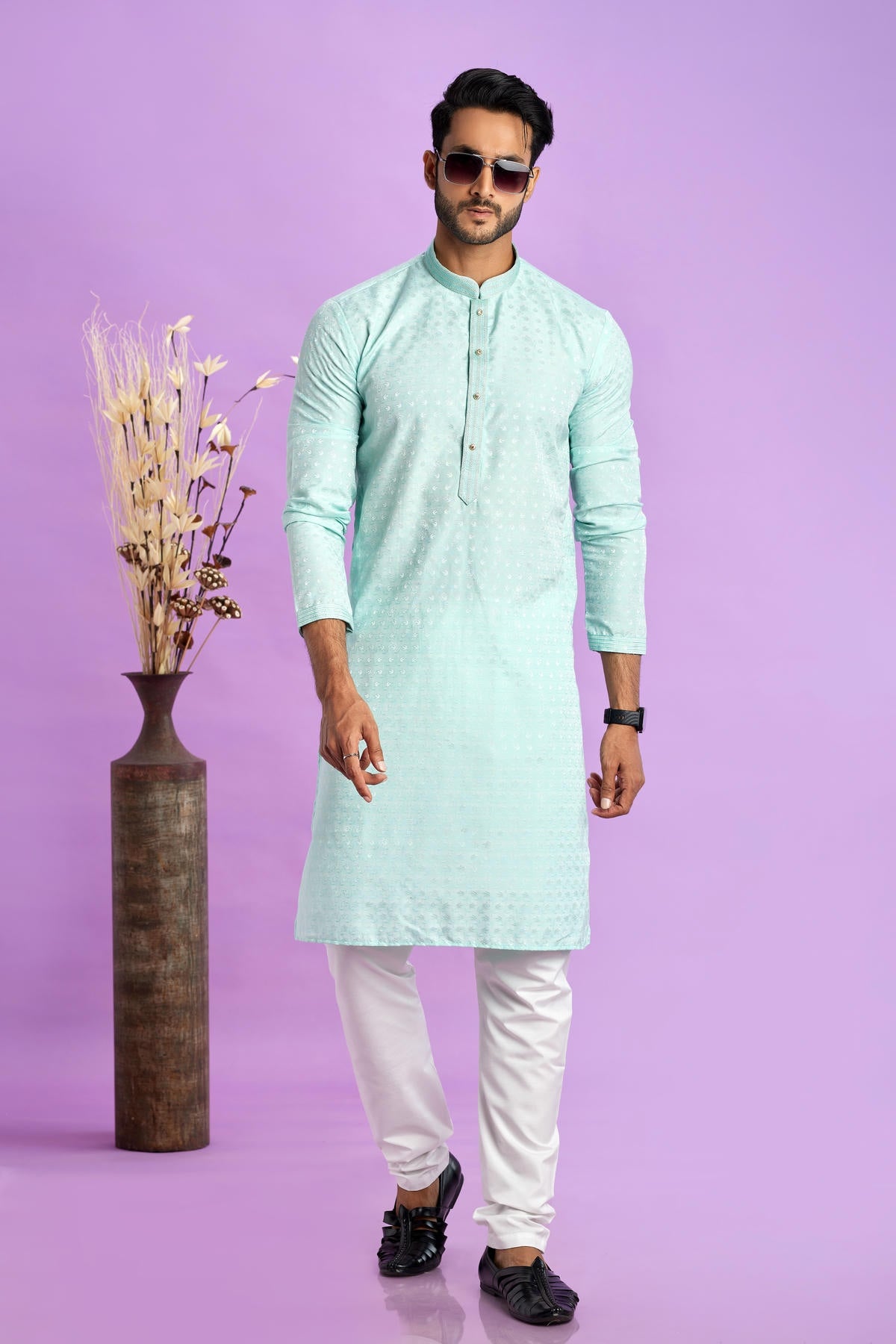 Jacquard Art Soft Silk Pintux Work Kurta Pajama In Sky Blue Colour KP1230487 1