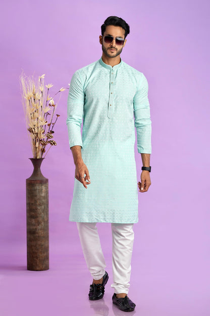 Jacquard Art Soft Silk Pintux Work Kurta Pajama In Sky Blue Colour KP1230487 1