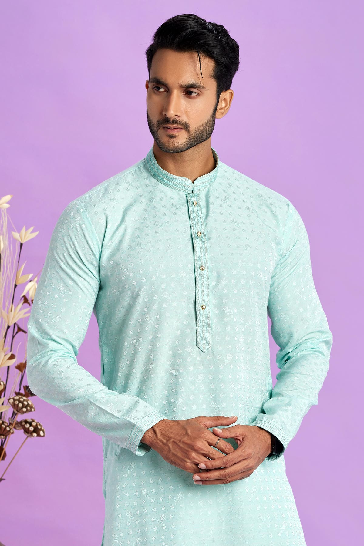 Jacquard Art Soft Silk Pintux Work Kurta Pajama In Sky Blue Colour KP1230487 2