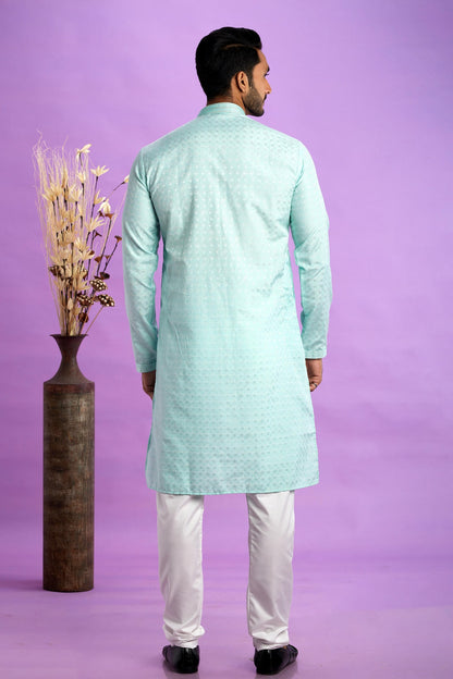 Jacquard Art Soft Silk Pintux Work Kurta Pajama In Sky Blue Colour KP1230487 3