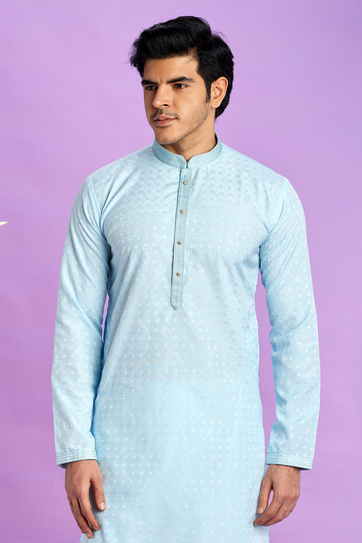 Jacquard Art Soft Silk Pintux Work Kurta Pajama In Sky Blue Colour KP1230490 2