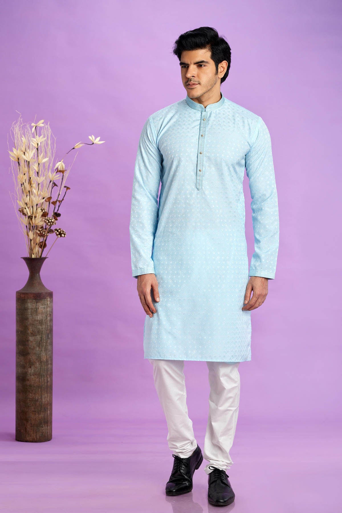 Jacquard Art Soft Silk Pintux Work Kurta Pajama In Sky Blue Colour KP1230490