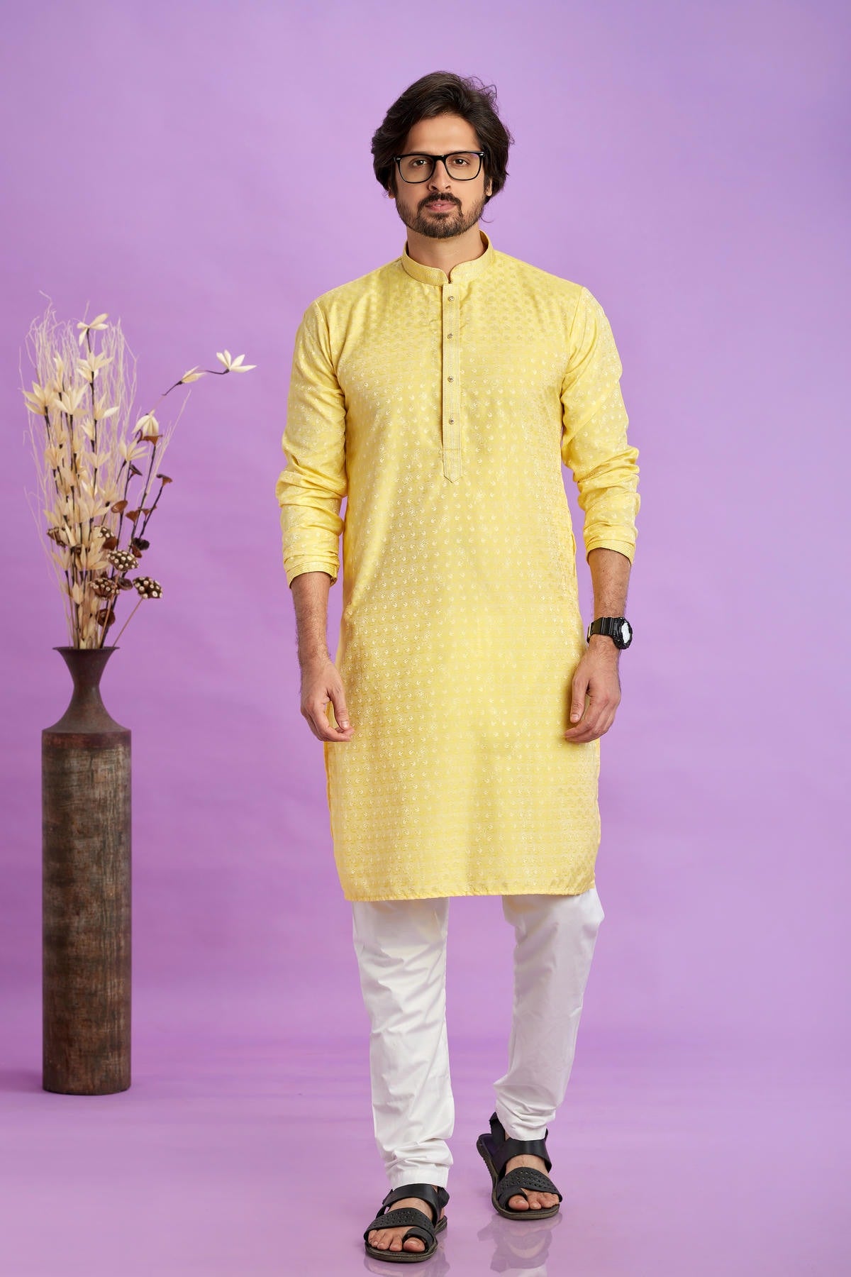 Jacquard Art Soft Silk Pintux Work Kurta Pajama In Yellow Colour KP1230489 1