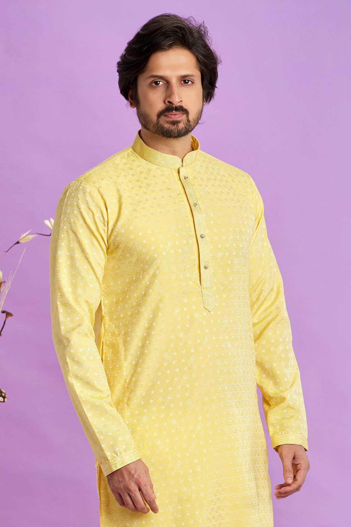 Jacquard Art Soft Silk Pintux Work Kurta Pajama In Yellow Colour KP1230489 2